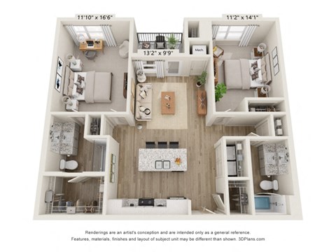 Floor plan for 2 beds, 2 baths, 1113 sqft